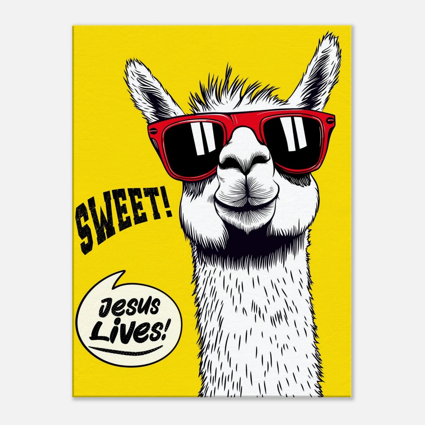 sweet jesus lives christian llama poster with red sunglasses on bright yellow background