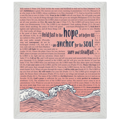 pink christian poster with bible verses in the background featuring a hand drawn wave illustration and the words hold fast to the hope set before us an anchor for the soul sure and steadfast hebrews 6 19