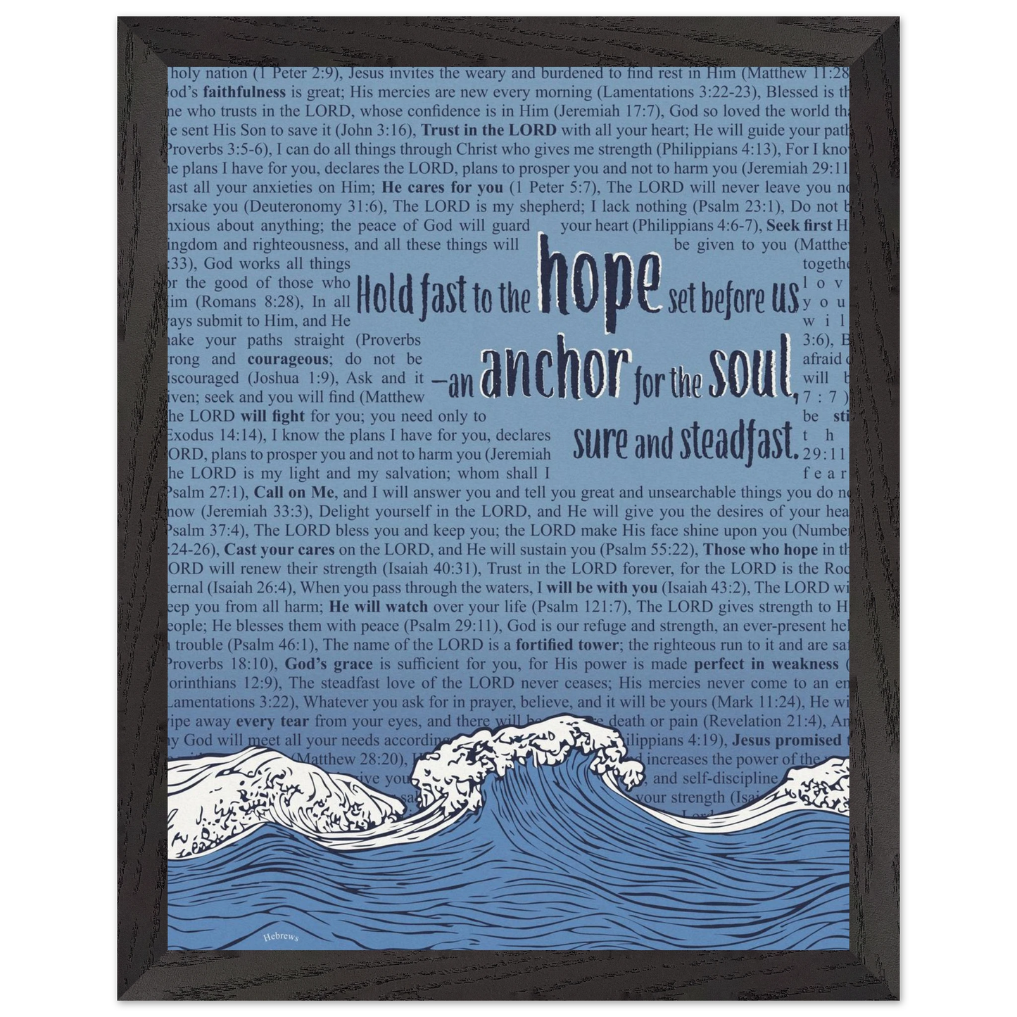 blue christian poster with bible verses in the background featuring a hand drawn wave illustration and the words hold fast to the hope set before us an anchor for the soul sure and steadfast hebrews 6 19