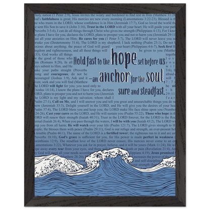 blue christian poster with bible verses in the background featuring a hand drawn wave illustration and the words hold fast to the hope set before us an anchor for the soul sure and steadfast hebrews 6 19