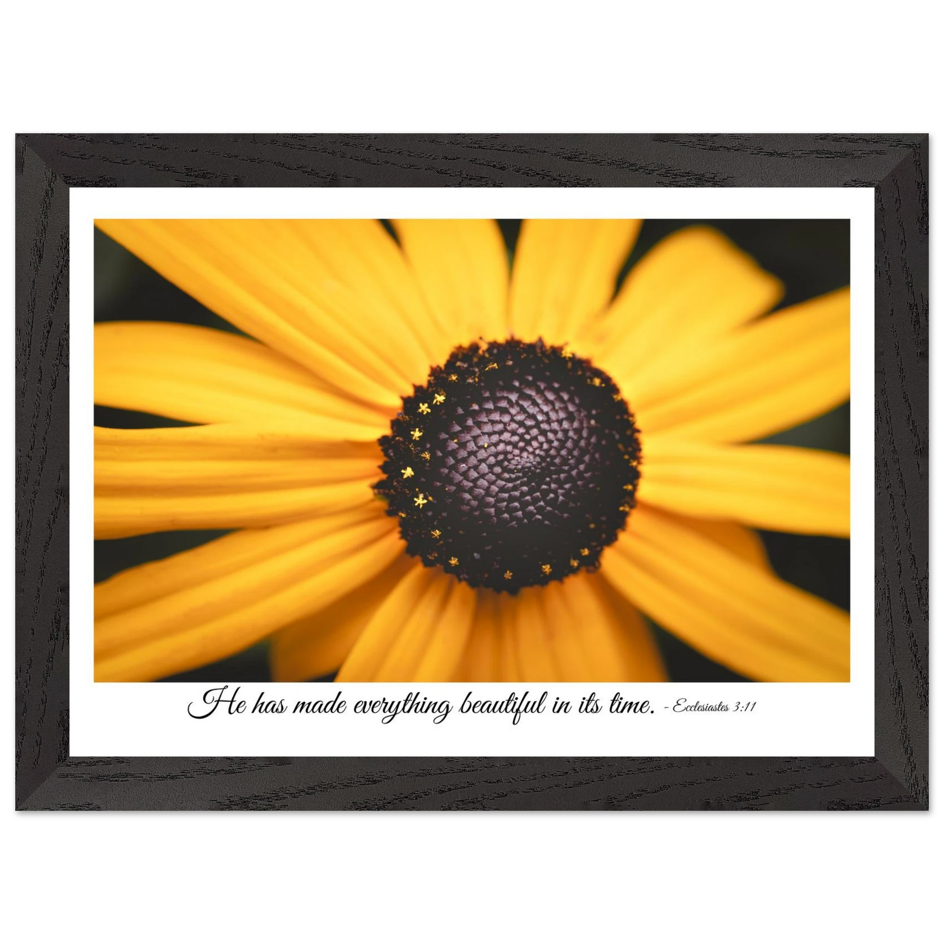 A framed art print of a close-up yellow flower with a quote from Ecclesiastes 3:11, 'He has made everything beautiful in its time.'.