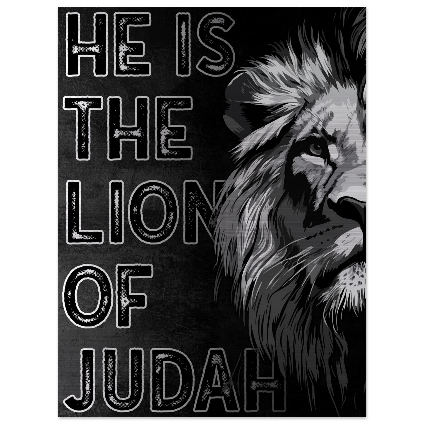 Jesus the Lion of Judah artwork featuring a bold black and white illustrated lion on the right side and distressed block lettering on a dark textured background.
