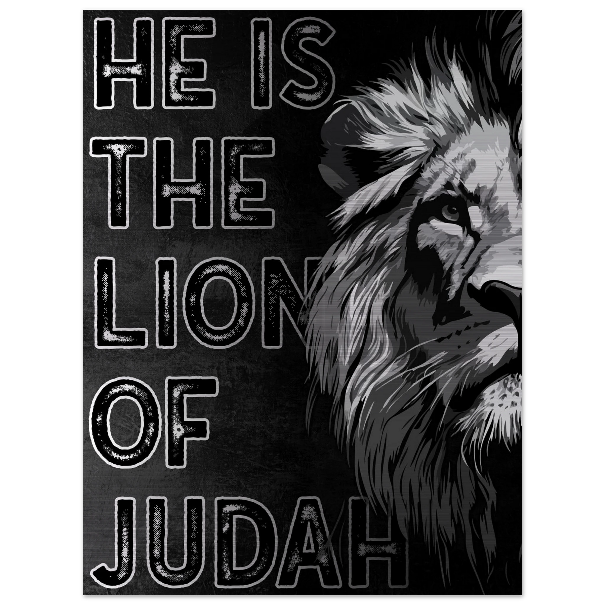 Jesus the Lion of Judah artwork featuring a bold black and white illustrated lion on the right side and distressed block lettering on a dark textured background.