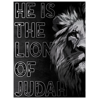 Jesus the Lion of Judah artwork featuring a bold black and white illustrated lion on the right side and distressed block lettering on a dark textured background.