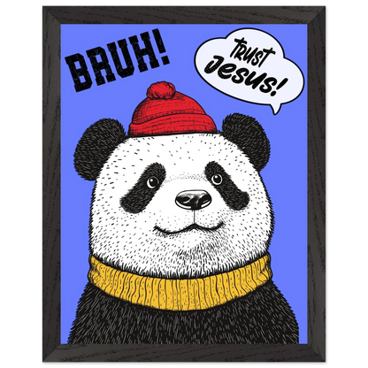 Playful Christian wall art illustration of a panda wearing a red beanie and yellow sweater on a blue background with the words BRUH and Trust Jesus in speech bubbles