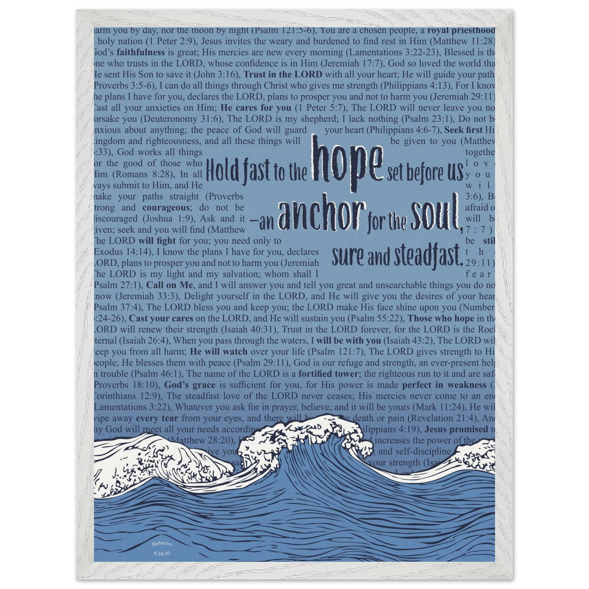 blue christian poster with bible verses in the background featuring a hand drawn wave illustration and the words hold fast to the hope set before us an anchor for the soul sure and steadfast hebrews 6 19