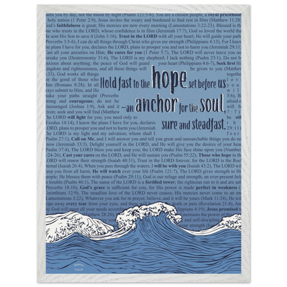blue christian poster with bible verses in the background featuring a hand drawn wave illustration and the words hold fast to the hope set before us an anchor for the soul sure and steadfast hebrews 6 19
