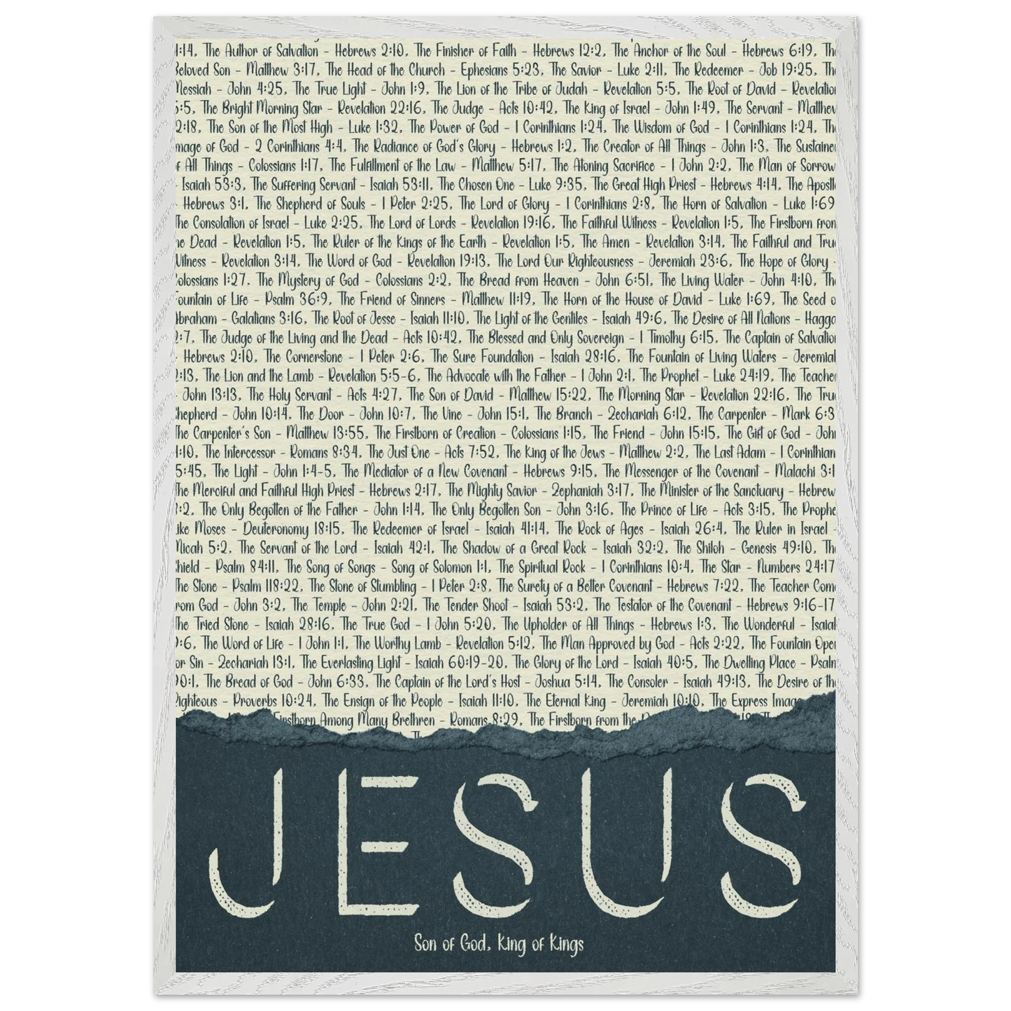 A framed wall art print with the word 'JESUS' in bold lettering, followed by a list of names and scriptures related to Jesus, against a white background 