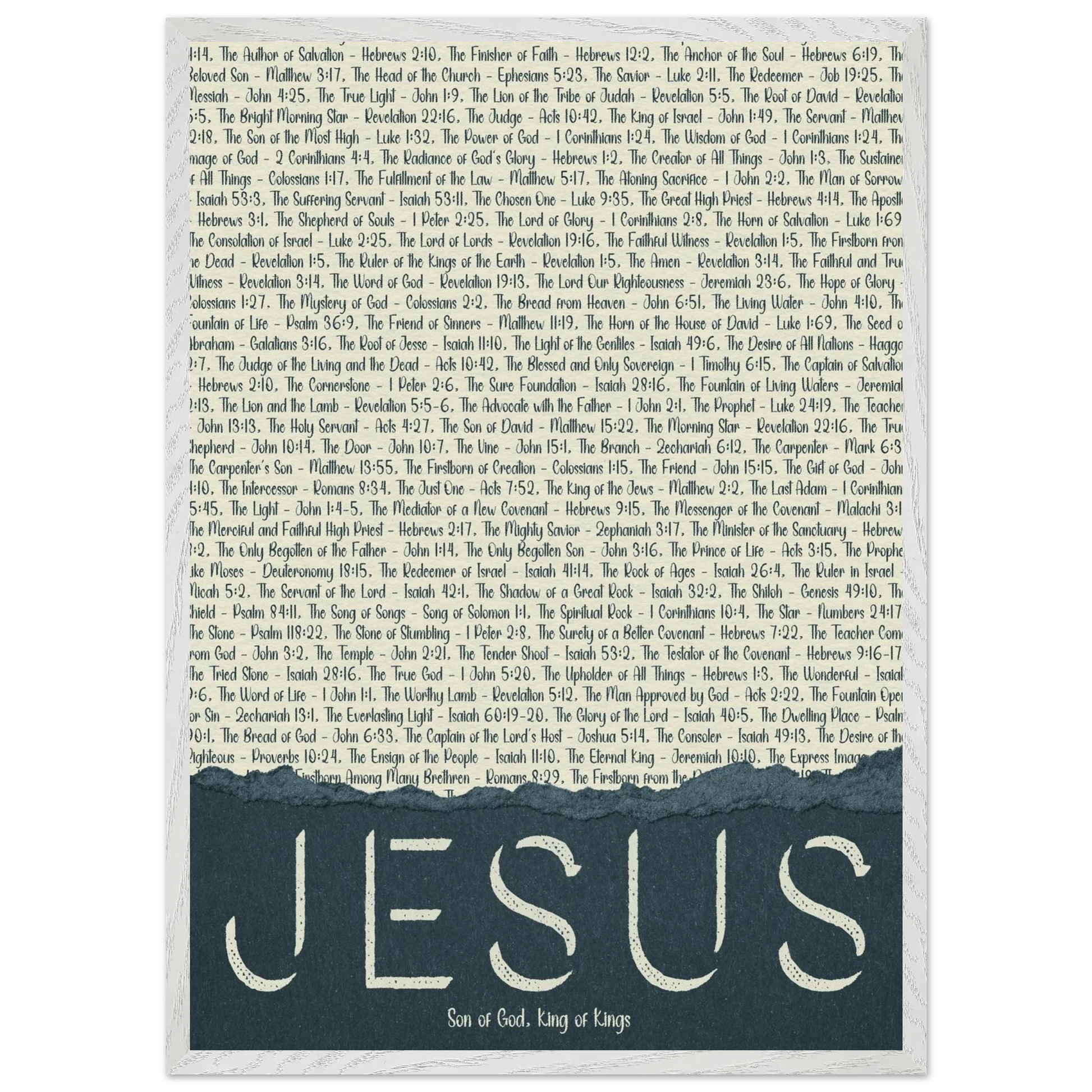 A framed wall art print with the word 'JESUS' in bold lettering, followed by a list of names and scriptures related to Jesus, against a white background 