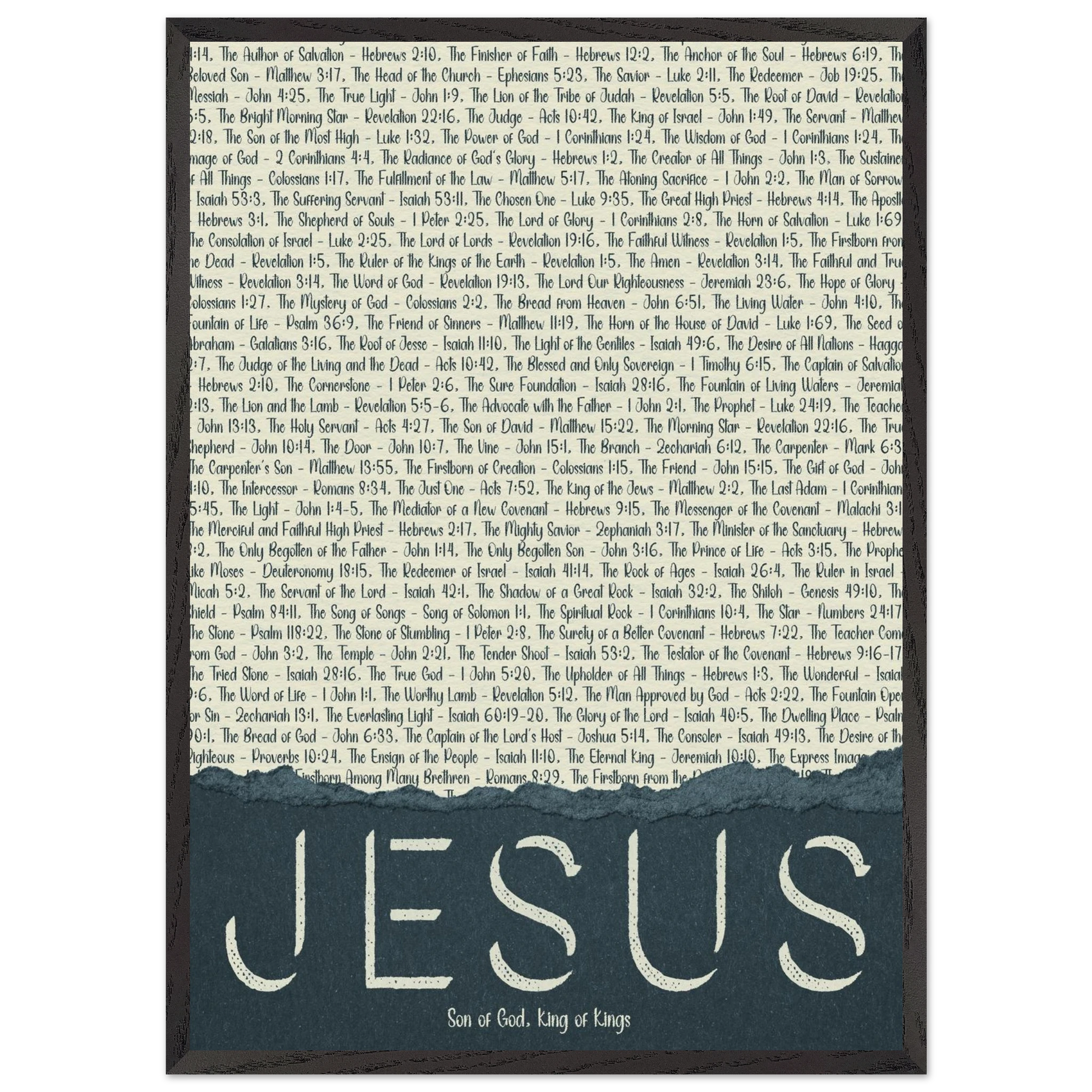 A framed wall art print with the word 'JESUS' in bold lettering, followed by a list of names and scriptures related to Jesus, against a white background 