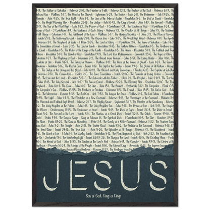 A framed wall art print with the word 'JESUS' in bold lettering, followed by a list of names and scriptures related to Jesus, against a white background 