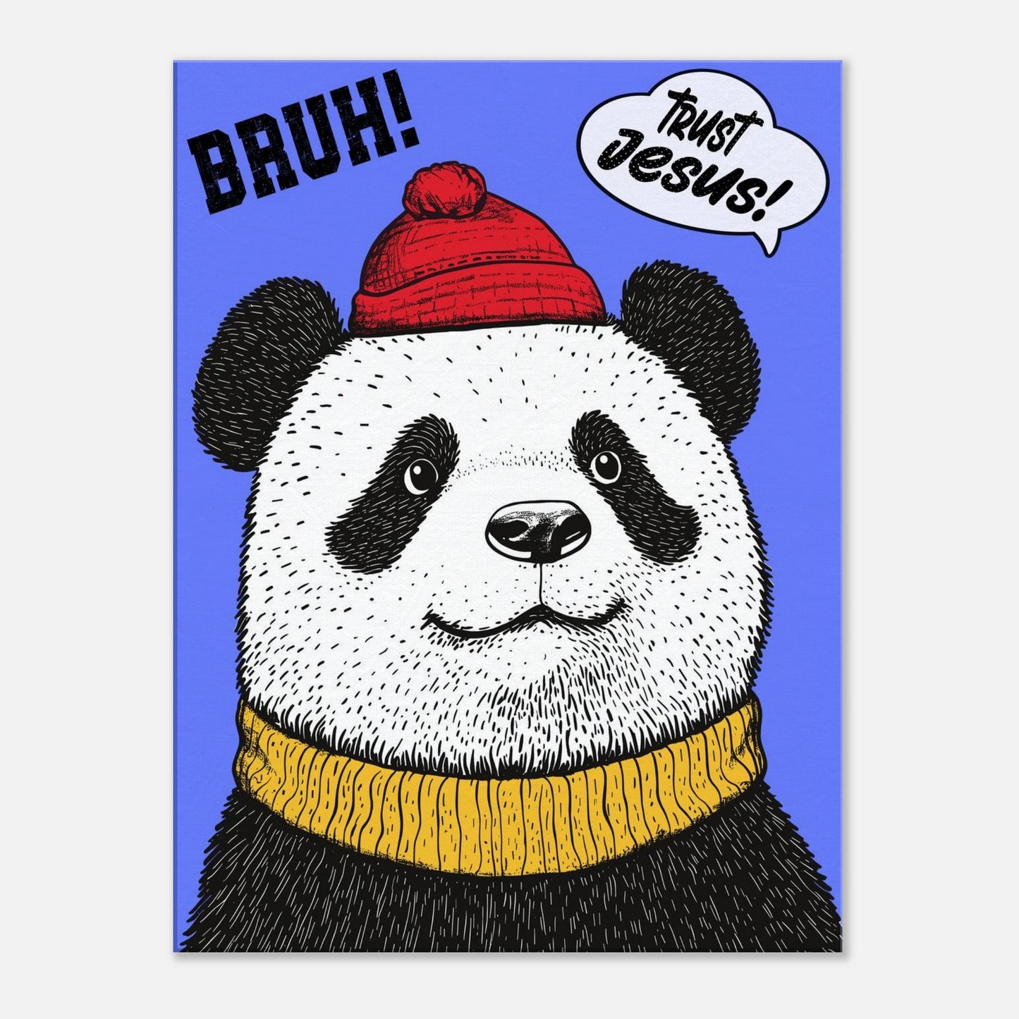 A canvas wall art featuring a cartoon illustration of a panda with a red beanie hat, a yellow scarf, and a speech bubble saying 'Trust Jesus'. The background is blue.