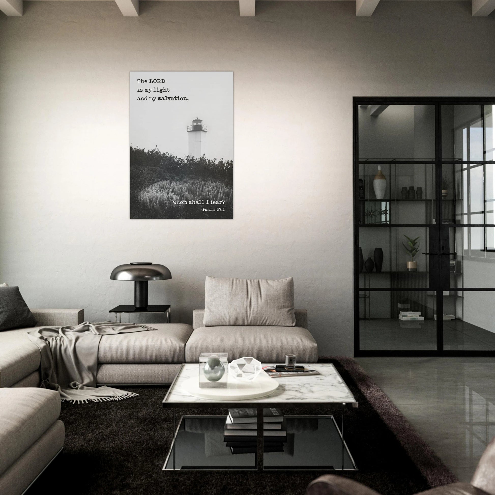 Modern living room with a sofa, coffee table, and wall art.