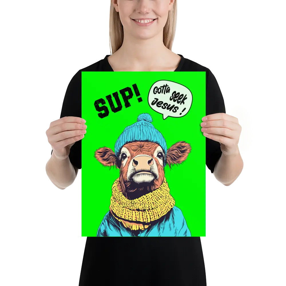 Person holding a poster with a cow wearing a blue beanie and yellow scarf on a green background.