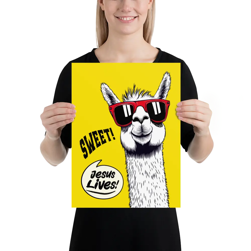 Person holding a poster with a llama wearing sunglasses and 'Jesus Lives!' text on a yellow background