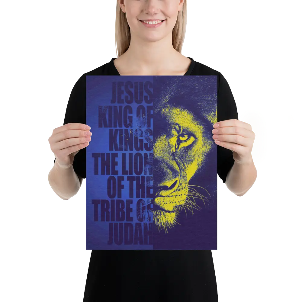 Person holding a poster with a lion's face and text on a blue background
