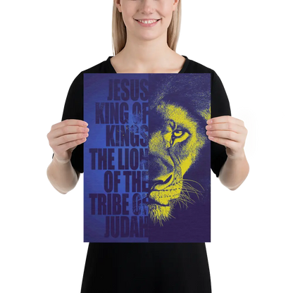 Person holding a poster with a lion's face and text on a blue background
