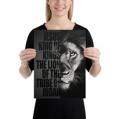 Person holding a poster with a lion's face and text