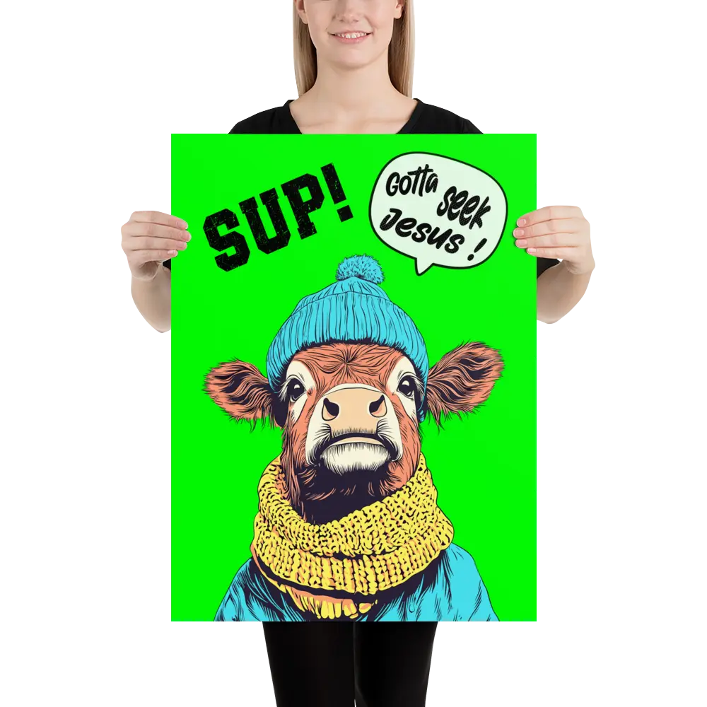 Person holding a poster with a cow wearing a blue beanie and yellow scarf, and text 'SUP! Gotta seek Jesus!' on a green background.