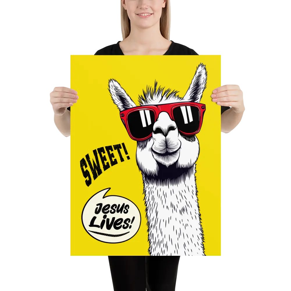 Person holding a poster with a llama wearing sunglasses and 'Sweet! Jesus Lives!' text on a yellow background