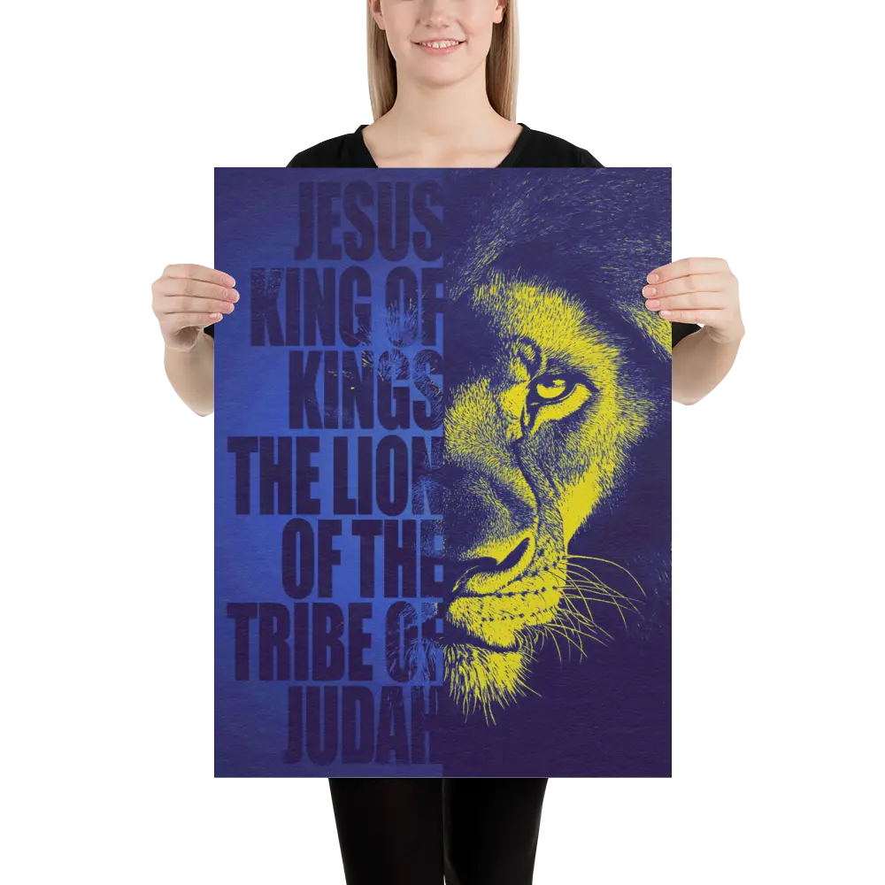 Person holding a poster with a lion's face and text on a blue background
