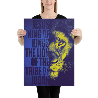 Person holding a poster with a lion's face and text on a blue background