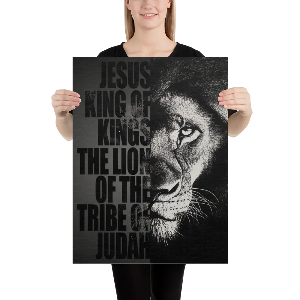 Person holding a poster with a lion's face and text on a black background