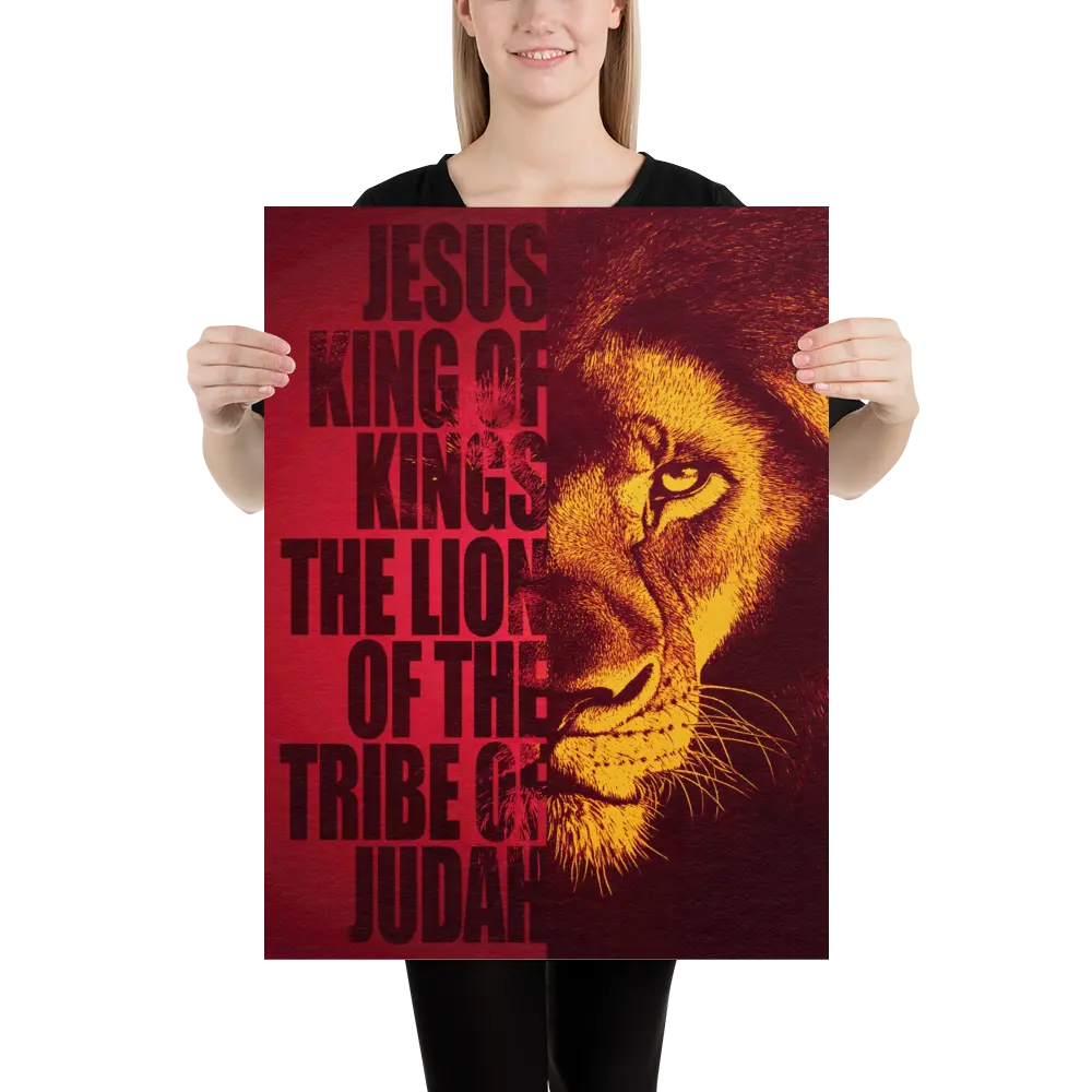 Person holding a poster with a lion's face and text on a red background