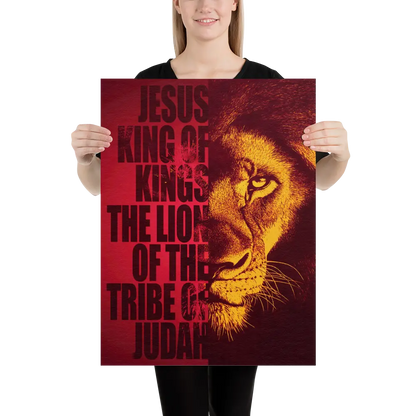 Person holding a poster with a lion's face and text on a red background