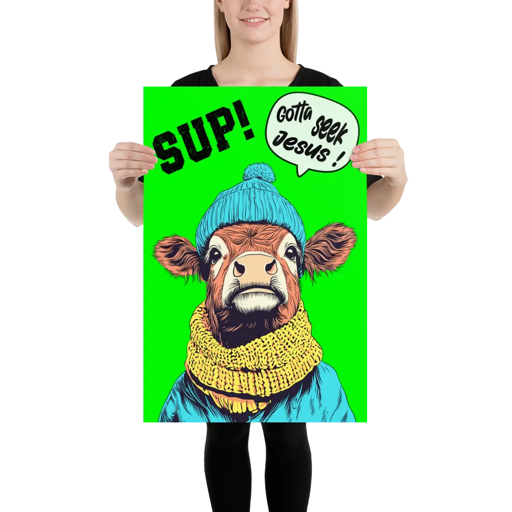 Person holding a poster with a cow wearing a blue hat and yellow scarf on a green background.