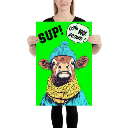 Person holding a poster with a cow wearing a blue hat and yellow scarf on a green background.