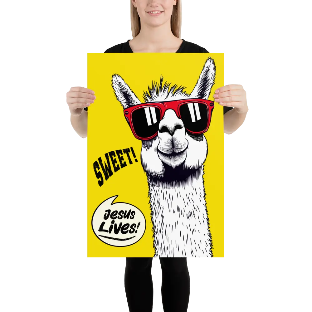 Person holding a poster with a llama wearing sunglasses and 'Sweet! Jesus Lives!' text on a yellow background
