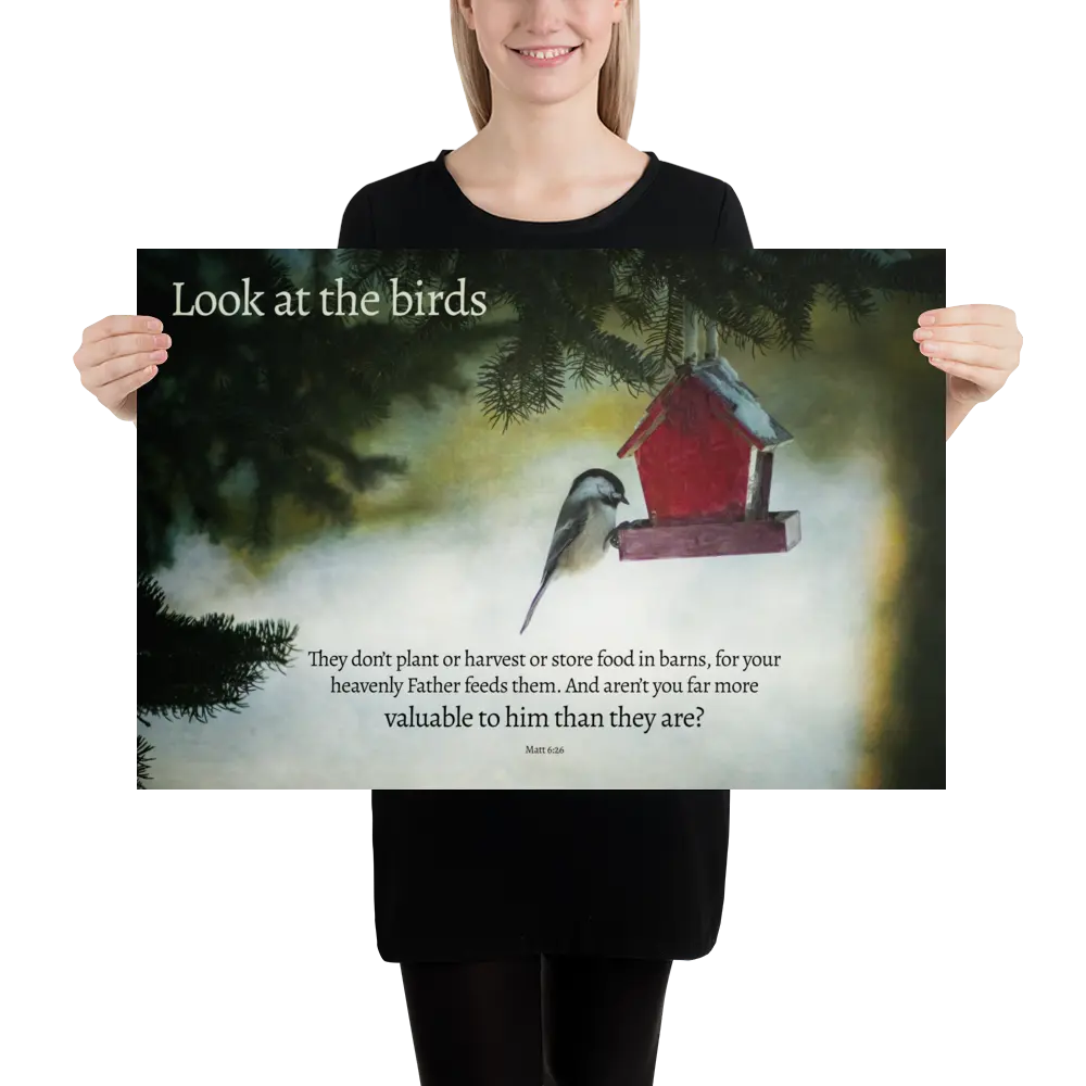 Person holding a poster with a bird and birdhouse illustration and text.