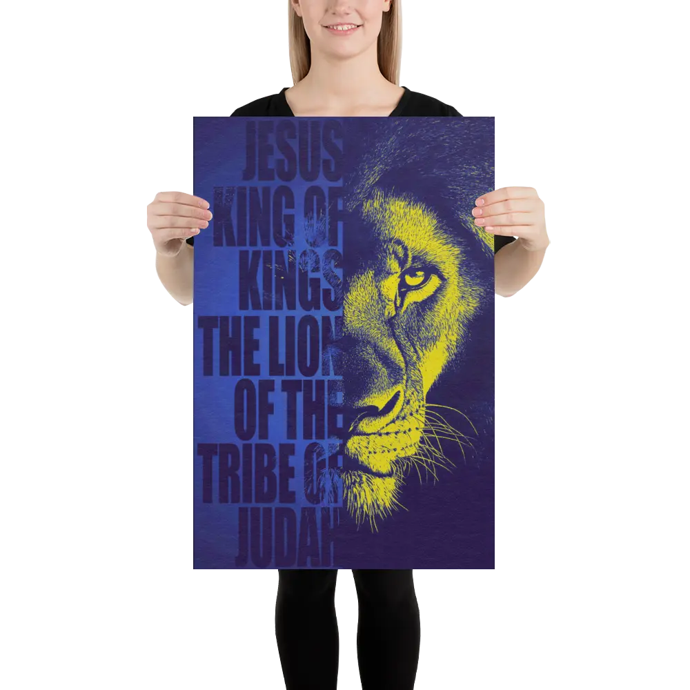 Person holding a poster with a lion's face and text on a white background