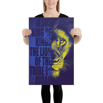 Person holding a poster with a lion's face and text on a white background