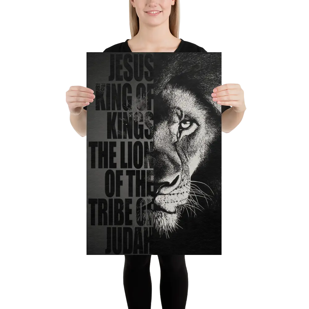 Person holding a poster with a lion's face and text design.