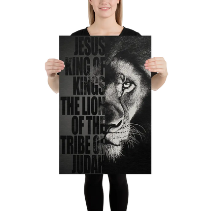 Person holding a poster with a lion's face and text design.