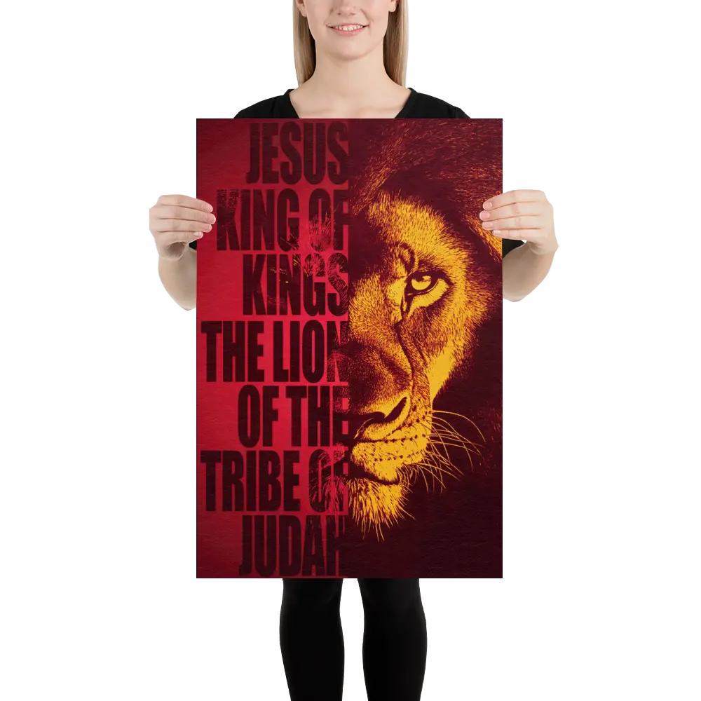 Person holding a poster with a lion's face and text on a white background
