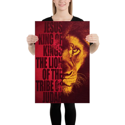 Person holding a poster with a lion's face and text on a white background