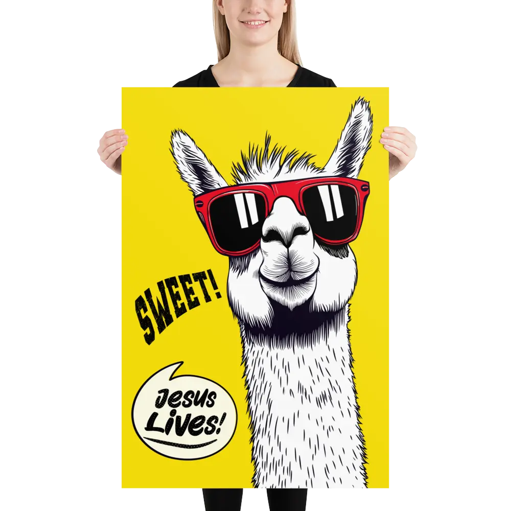 Person holding a poster with a llama wearing sunglasses and 'Sweet! Jesus Lives!' text on a yellow background