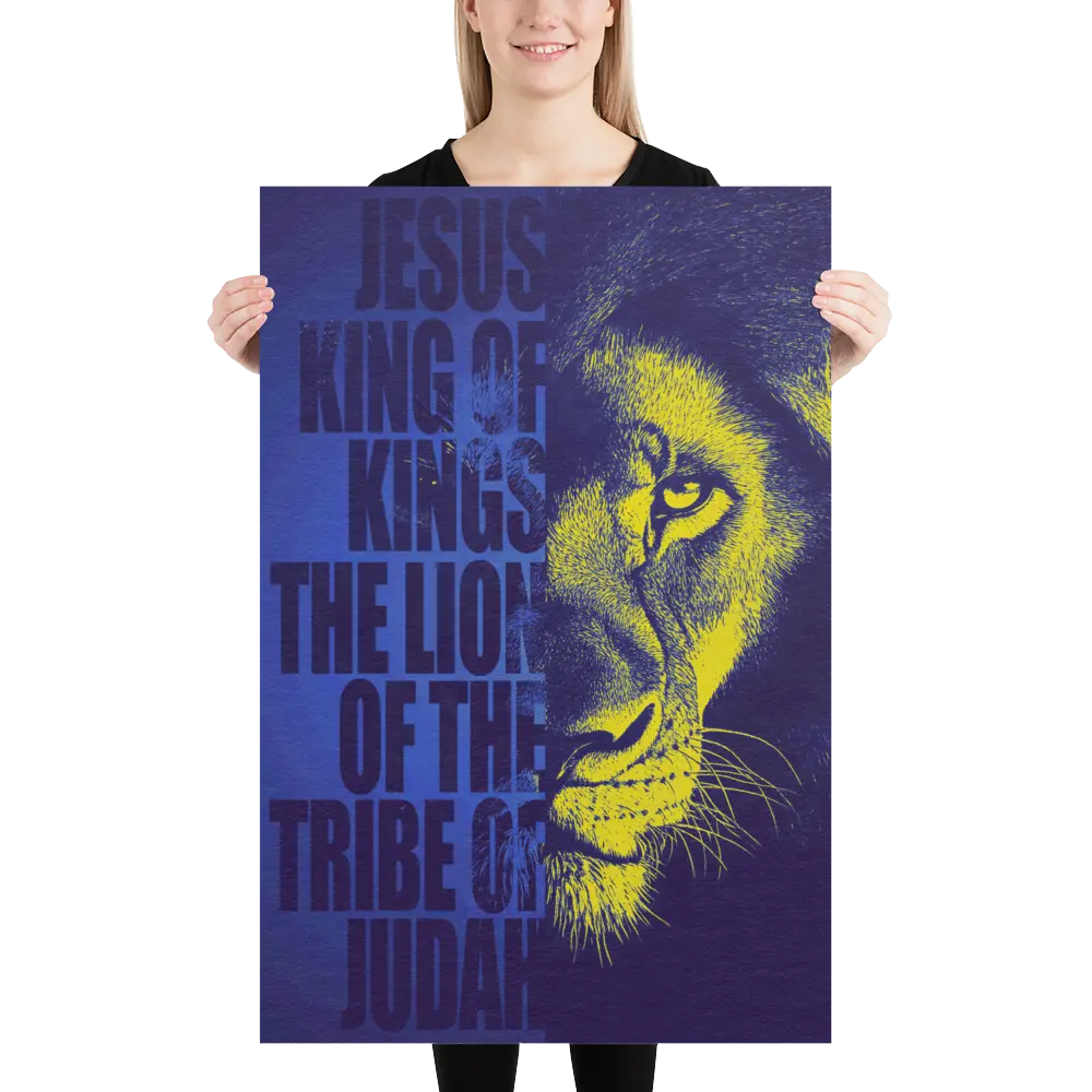 Person holding a poster with a lion's face and text on a white background