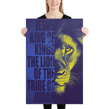 Person holding a poster with a lion's face and text on a white background