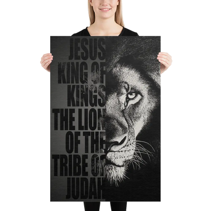 Person holding a poster with a lion's face and text on a white background