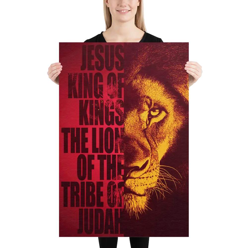 Person holding a poster with a lion's face and text on a red background