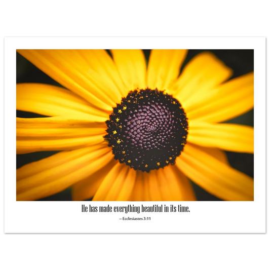 Everything Beautiful Ecclesiastes 3:11 Christian printable wall art featuring a close-up yellow flower and Scripture about God’s perfect timing.