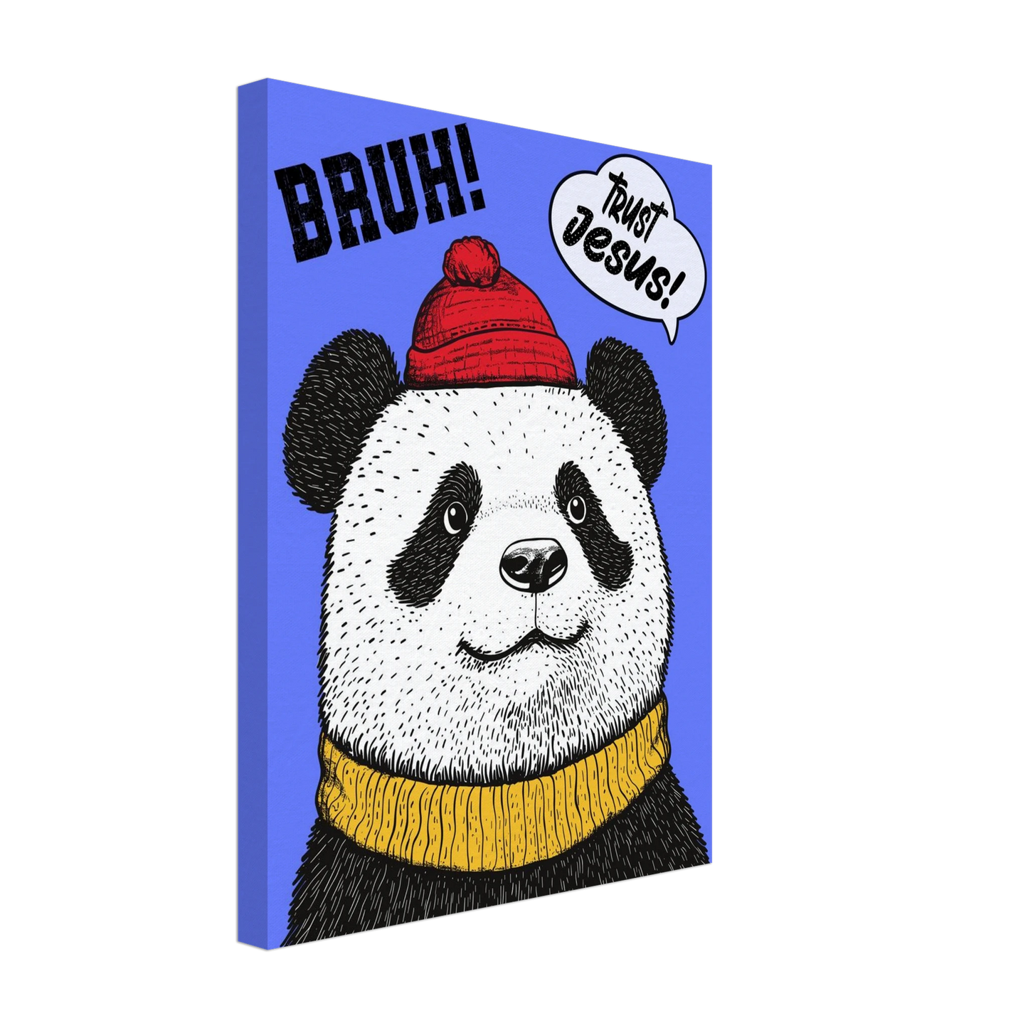 A canvas wall art featuring a cartoon illustration of a panda with a red beanie hat, a yellow scarf, and a speech bubble saying 'Trust Jesus'. The background is blue.