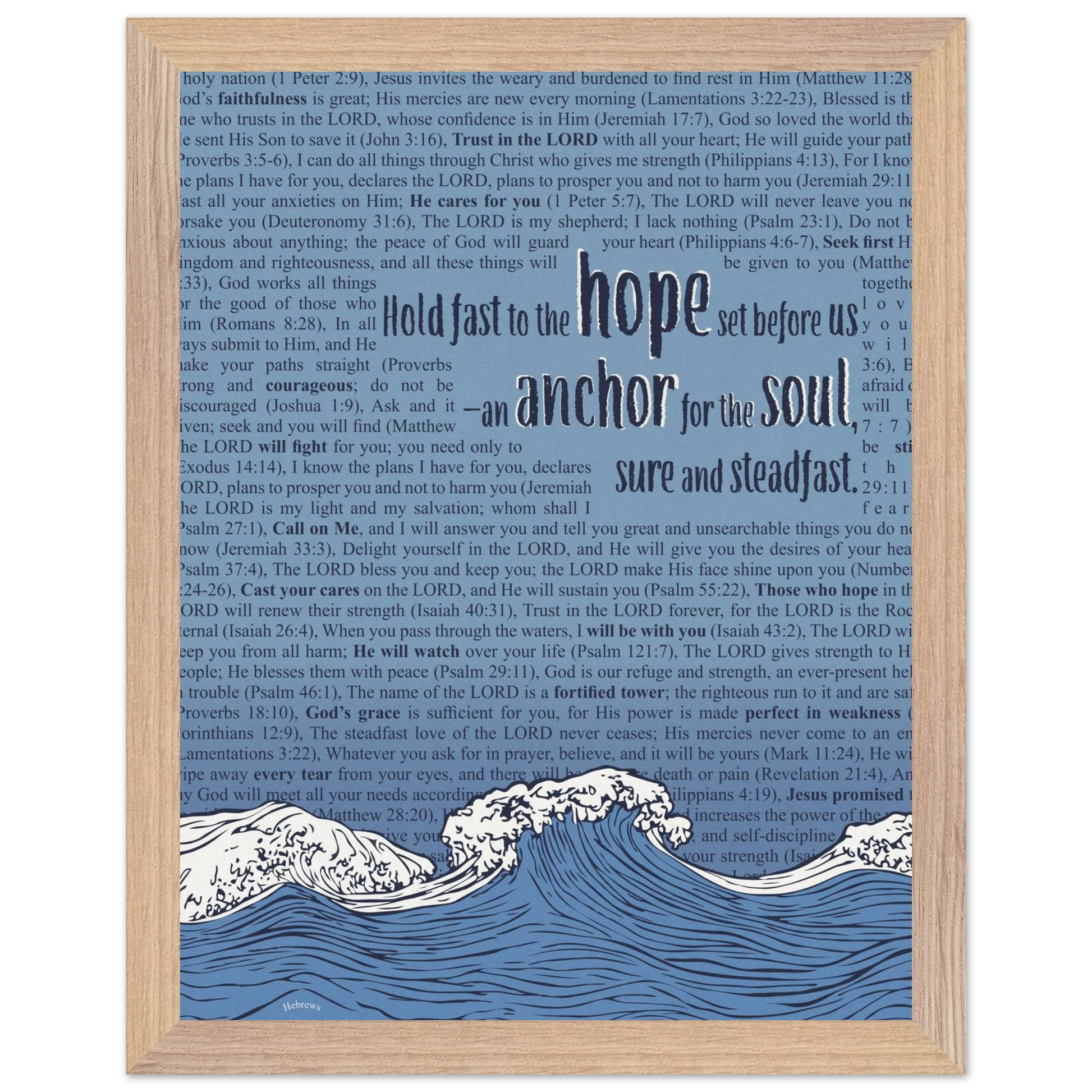blue christian poster with bible verses in the background featuring a hand drawn wave illustration and the words hold fast to the hope set before us an anchor for the soul sure and steadfast hebrews 6 19