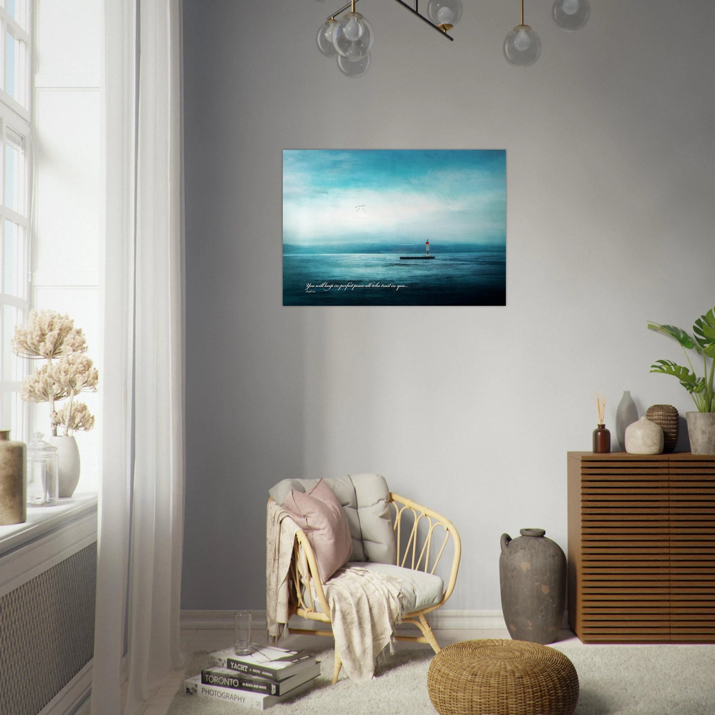 soft blue ocean lighthouse christian wall art displayed above cozy bedroom decor
