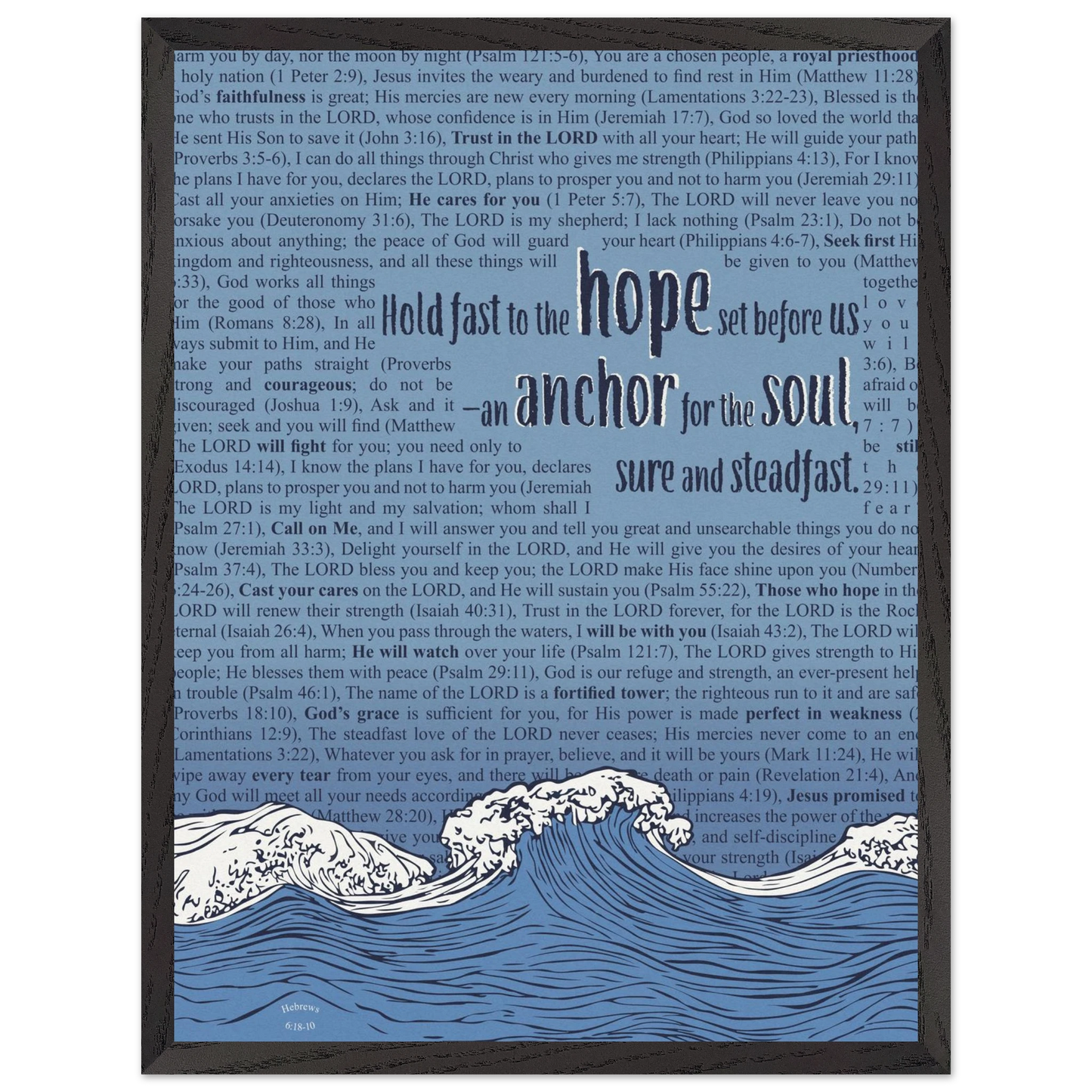 blue christian poster with bible verses in the background featuring a hand drawn wave illustration and the words hold fast to the hope set before us an anchor for the soul sure and steadfast hebrews 6 19