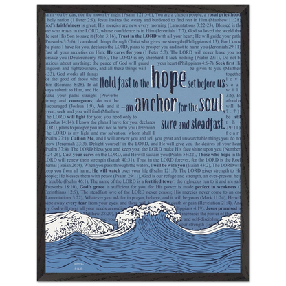 blue christian poster with bible verses in the background featuring a hand drawn wave illustration and the words hold fast to the hope set before us an anchor for the soul sure and steadfast hebrews 6 19